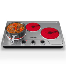 Load image into Gallery viewer, Sunvivi 1800W Triple Burner Portable Electric Ceramic Stove – Knob Control, Indicator Light, Compatible with All Cookware, Ideal for Multiple Cooking Scenarios, Silver