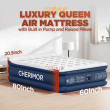 Load image into Gallery viewer, CHERIMOR Air Mattress Queen with Built in Pump, 20.5" High Inflatable Mattress with Integrated Pillow, Portable Self Inflating Blow Up Mattress with Flocked Top, Air Bed for Guests, Home & Camping