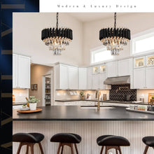 Load image into Gallery viewer, A AXILIXI Modern Crystal Chandeliers 3 Tiers Black and Gold Pendant Light Fixtures 16” Round Flush Mount Chandeliers Ceiling Lighting Dimmable for Living Room Dining Room Foyer Bedroom Kitchen