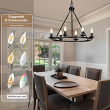 Load image into Gallery viewer, Black Farmhouse Chandelier, 6-Light Wagon Wheel Chandelier with Adjustable Height, Dining Room Light Fixture, Hanging Lights for Kitchen Island, Living Room, Bedroom, Entryway, E12 Base