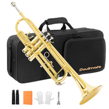 Load image into Gallery viewer, Soulmate Bb Standard Trumpet Set for Beginner Brass Student Trumpet Instrument with Carrying Hard Case, Cleaning Kit, 7C Mouthpiece and Gloves (Gold)
