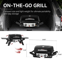 Load image into Gallery viewer, Royal Gourmet GT2005 2-Burner Portable Propane Gas Grill with Foldable Side Tables & Foldable Support Legs, Tabletop Gas Grill with Warming Rack for for Outdoor Cooking & Grilling, Black