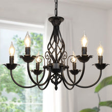 Load image into Gallery viewer, 6-Light Farmhouse Candle Chandelier for Living Room, Rustic Industrial Pendant Ceiling Light fixture, Vintage Hanging Lamp for Bedroom Hallway Kitchen Dining Room Foyer, Matte Black E12 Socket