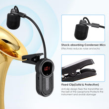 Load image into Gallery viewer, Wireless Saxophone Microphone System for Beginners: UHF Rechargeable Instruments Microphone Receiver and Transmitter - 160ft Range. Plug and Play - Clip-on Mics Suitable for Sax Trumpet, Trombone