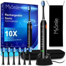 Load image into Gallery viewer, MySmile Electric Toothbrush for Adults, Rechargeable Sonic Electronic Toothbrush with 6 Brush Heads and Travel Case, 2 Mins 5 Modes Smart Timer, 48000VPM (Black)