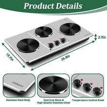 Load image into Gallery viewer, Cusimax Hot Plate,Countertop Triple Burner with 7″Cast Iron Cooktop,Electric Hot Plate for Cooking,11 Level Temperature Setting