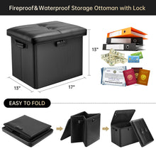 Load image into Gallery viewer, DocSafe Storage Ottoman with Lock,Fireproof Folding Ottoman Foot Rest Stool Storage Chest with Storage Safe for Important Documents,Waterproof 17 Inches Short Ottoman Foot Stool with Handles,Black
