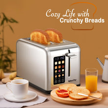 Load image into Gallery viewer, Mecity 2 Slice Toaster Touch Screen 1.5" Wide Slot, Stainless Steel Smart Bread Toaster for Bagel Muffin Waffle Gluten Free Breads, Timer, Defrost, Reheat, 120V 825W