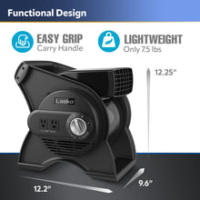 Load image into Gallery viewer, Lasko 12” Utility Fan for Job Site or Home Use, 289 CFM, Pivoting High Velocity Blower Fans, 3 Speeds, 2 Accessory Outlets 120V, Black, U12104