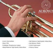 Load image into Gallery viewer, AUROSUS 6331 Bb standard Trumpet - Trumpets for Beginner or Advanced Student w Case Cloth Gloves Brass Musical Instruments For Kids Adults (6331H gold brass)