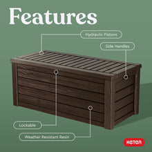 Load image into Gallery viewer, Keter Outdoor Storage Deck Box, 150 Gallon Resin Patio Bin & Bench, Wood Grain, Brown