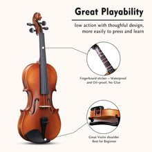 Load image into Gallery viewer, ADM 4/4 Full Size Wood Violin Set for Kids Teens Students Adults Beginner Acoustic Violin Matte Fiddle Starter Kit with Hard Case, Rosin, Shoulder Rest, Bow, Clip-on Tuner and Fingerboard Sticker