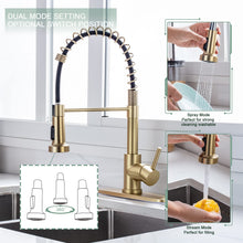 Load image into Gallery viewer, WEWE Brushed Gold Kitchen Faucet with Pull Down Sprayer, RV Brass Kitchen Faucet Stainless Steel Single Handle Spring Faucet with Deck Plate for Farmhouse Utility bar Laundry Sinks