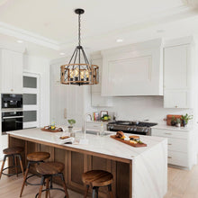 Load image into Gallery viewer, SANTOSTOCK D19'' Farmhouse Chandelier for Dining Room, 4-Light Adjustable Kitchen Island Lighting, Vintage Hanging Pendant Light Fixtures for Entryway Foyer Bedroom Hallway, Black & Dark Oak