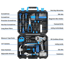Load image into Gallery viewer, DEKOPRO Drill Set: Tool Set with 8V Blue Cordless Drill, Home Tool Kit with Drill, Hand Tool Kits for Women 126 Piece