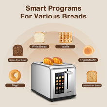 Load image into Gallery viewer, Mecity 2 Slice Toaster Touch Screen 1.5" Wide Slot, Stainless Steel Smart Bread Toaster for Bagel Muffin Waffle Gluten Free Breads, Timer, Defrost, Reheat, 120V 825W