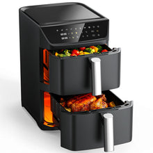 Load image into Gallery viewer, Dual Basket Air Fryer, 12.6QT Family-Size for 10โ12 People, XL Basket for 6LB Whole Chicken, DoubleStack Compact Design, 10-in-1 Functions with Reheat, Dehydrate & SyncFinish, Dishwasher-Safe, Black