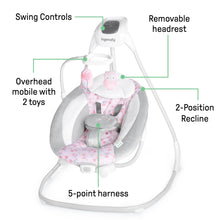 Load image into Gallery viewer, Ingenuity SimpleComfort Lightweight Compact 6-Speed Multi-Direction Baby Swing, Vibrations & Nature Sounds, 0-9 Months 6-20 lbs (Pink Cassidy)