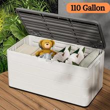 Load image into Gallery viewer, ZZM 110 Gallon Lockable Resin Deck Box, Waterproof Outdoor Storage Box for Patio Cushion Storage Cabinet and Tools Storage, White