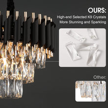 Load image into Gallery viewer, A AXILIXI Modern Crystal Chandeliers 3 Tiers Black and Gold Pendant Light Fixtures 16” Round Flush Mount Chandeliers Ceiling Lighting Dimmable for Living Room Dining Room Foyer Bedroom Kitchen