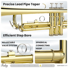 Load image into Gallery viewer, Fesley Bb Standard Trumpet Set: Brass Trumpets for Beginner Student, Brass Trumpet Instrument with 7C Mouthpiece, Hard Case, Cleaning Kit (Golden)