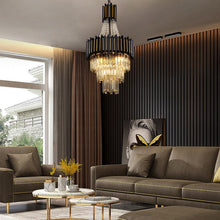 Load image into Gallery viewer, GDLT 15.7" 7-Light Crystal Chandelier Lights K9 Crystal Chandelier 3-Tier Black Gold Luxury Hanging Light Fixture for Dining Room Living Room Kitchen Bedroom Stairway