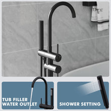 Load image into Gallery viewer, GIMILI Floor Mount Bathtub Faucet Freestanding Tub Filler Standing High Flow Shower Faucets Shower Mixer Taps, Swivel Gooseneck Spout with Cylinder Handheld Matte Black