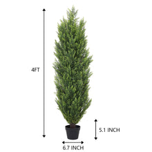 Load image into Gallery viewer, THE BLOOM TIMES 4ft Cedar Topiary Trees โ Artificial Outdoor Fake Potted Plants, UV Resistant Faux Evergreen Pine & Cypress Bushes Shrubs for Front Porch Planter Decor, 4 Foot Set of 2