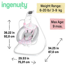 Load image into Gallery viewer, Ingenuity SimpleComfort Lightweight Compact 6-Speed Multi-Direction Baby Swing, Vibrations & Nature Sounds, 0-9 Months 6-20 lbs (Pink Cassidy)