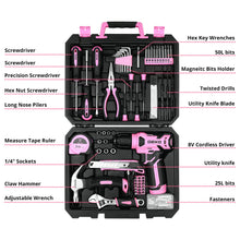 Load image into Gallery viewer, DEKOPRO Drill Set: Tool Set with 8V Pink Cordless Drill, Home Tool Kit with Drill, Hand Tool Kits for Women 126 Piece