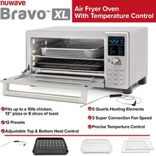 Load image into Gallery viewer, Nuwave Bravo Air Fryer Toaster Smart Oven, 12-in-1 Countertop Convection, 30-QT XL Capacity, 50°-500°F Temperature Controls, Top and Bottom Heater Adjustments 0%-100%, Brushed Stainless Steel Look