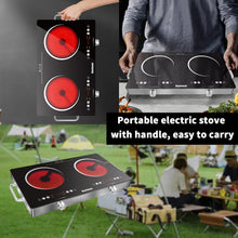 Load image into Gallery viewer, Karinear 2 Burner Electric Cooktop 110V, Portable Electric Stove with Handle, Knob Control Electri Hot Plate, Ceramic Countertop Burner, Timer, Safety Lock, 9 Power Level, 2000W, 24 inch(White)