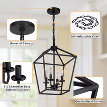Load image into Gallery viewer, 4 Light Chandelier, Industrial Ceiling Light Black Lantern Light Fixtures with Farmhouse Metal Cage Adjustable Height Rustic Geometric Hanging Light E12 Base for Kitchen Island, Entryway, Indoor