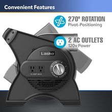 Load image into Gallery viewer, Lasko 12” Utility Fan for Job Site or Home Use, 289 CFM, Pivoting High Velocity Blower Fans, 3 Speeds, 2 Accessory Outlets 120V, Black, U12104