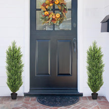 Load image into Gallery viewer, THE BLOOM TIMES 4ft Cedar Topiary Trees โ Artificial Outdoor Fake Potted Plants, UV Resistant Faux Evergreen Pine & Cypress Bushes Shrubs for Front Porch Planter Decor, 4 Foot Set of 2