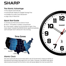 Load image into Gallery viewer, Sharp Atomic Analog Wall Clock - 12" Black Stylish Frame - Sets Automatically- Battery Operated - Easy to Read - Easy to Use – Modern Design and Style
