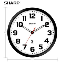 Load image into Gallery viewer, Sharp Atomic Analog Wall Clock - 12" Black Stylish Frame - Sets Automatically- Battery Operated - Easy to Read - Easy to Use – Modern Design and Style