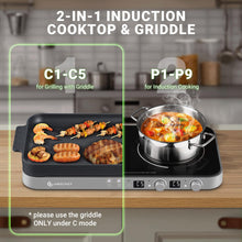 Load image into Gallery viewer, AMZCHEF Double Induction Cooktop with Removable Griddle Pan Non-stick, 1800W 2 burner Portable Induction Stove With Sensor Touch 9 Power Levels, 99 Min Timer, Iron Grey