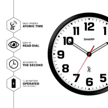 Load image into Gallery viewer, Sharp Atomic Analog Wall Clock - 12" Black Stylish Frame - Sets Automatically- Battery Operated - Easy to Read - Easy to Use – Modern Design and Style