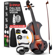 Load image into Gallery viewer, Pyle Full Size Electric Violin Kit - 4/4 Solid Wood Silent Fiddle with Hard Case, Bow, Ebony Fittings, and Digital Tuner
