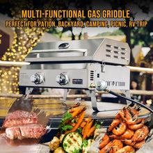 Load image into Gallery viewer, Onlyfire Flat Top Gas Griddle with Lid & Foldable Legs, 2-Burner Tabletop BBQ Propane Grill Griddle, Portable Grill Stove for Outdoor Cooking Patio Party Camping Tailgating RV, Stainless Steel, GS318