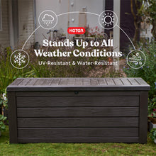 Load image into Gallery viewer, Keter Outdoor Storage Deck Box, 150 Gallon Resin Patio Bin & Bench, Wood Grain, Brown