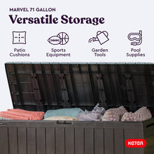 Load image into Gallery viewer, Keter Marvel Plus 71 Gallon Resin Outdoor Storage Box for Patio Furniture Cushions, Throw Pillows, Garden Tools and Pool Floats, Brown
