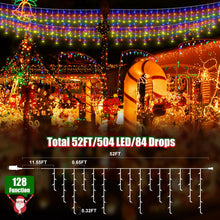 Load image into Gallery viewer, RGB 128 Function 16 Color Christmas Lights Outdoor Waterproof Color changing 504 LED 52FT Curtain Fairy Lights Outside 8 Modes with Timer Plug In Hanging String Lights for Wedding Party Home Garden