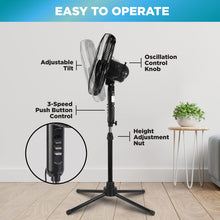 Load image into Gallery viewer, Comfort Zone Electric Oscillating Pedestal Fan, Stand Fan, 16 inch, 3 Speed, 90 Degree Oscillating Head, Adjustable Height and Tilt, Airflow 7.48 ft/sec, Ideal for Home, Bedroom & Office, CZST161BTEBK