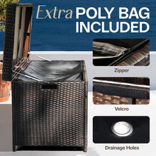 Load image into Gallery viewer, IDZO 136 Gallon Outdoor Wicker Storage Box, UV Weather & Water Resistant, Soft-Close Hinge, Poly Bag Included, Patio Cushion Storage - Brown