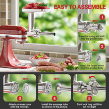 Load image into Gallery viewer, Metal Food Grinder Attachment for KitchenAid Stand Mixers HOZODO Meat Grinder, Sausage Stuffer, Great Attachment for KitchenAid Mixers, Including 3 Sausage Stuffer Accessory, Kitchen aid Meat Grinder