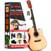 Load image into Gallery viewer, Pyle Beginner Cutaway Acoustic Guitar Kit, 4/4 Full Size All Wood Dreadnought Stringed Instrument with Gig Bag, Steel Strings, Picks, Strap, Capo, For Students and Adults, Natural