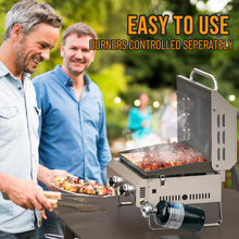 Load image into Gallery viewer, Onlyfire Flat Top Gas Griddle with Lid & Foldable Legs, 2-Burner Tabletop BBQ Propane Grill Griddle, Portable Grill Stove for Outdoor Cooking Patio Party Camping Tailgating RV, Stainless Steel, GS318