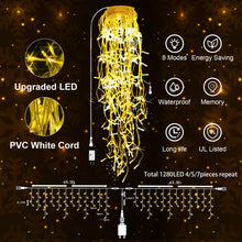 Load image into Gallery viewer, 131 FT 1280 LED Christmas Lights Outdoor Decorations Super Long Clear Wire String Lights Plug in 240 Drops 8 Modes Memory Timer Curtain Fairy Lights Waterproof for Holiday Wedding Party-Warm White